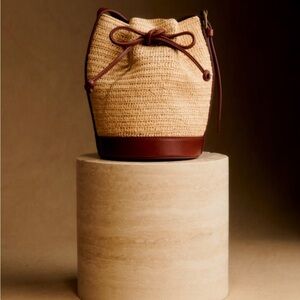 Sezane Straw Woven Bucket Bag with Brown Leather Trim